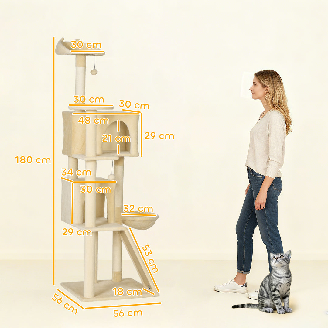 MCL 180cm Large Cat Tree Tower with Sisal Scratching Posts, Condos, Plush Perches, Hammock, Ladder, Beige
