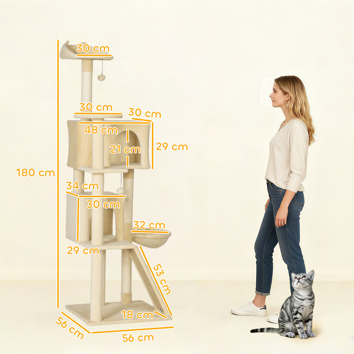 MCL 180cm Large Cat Tree Tower with Sisal Scratching Posts, Condos, Plush Perches, Hammock, Ladder, Beige