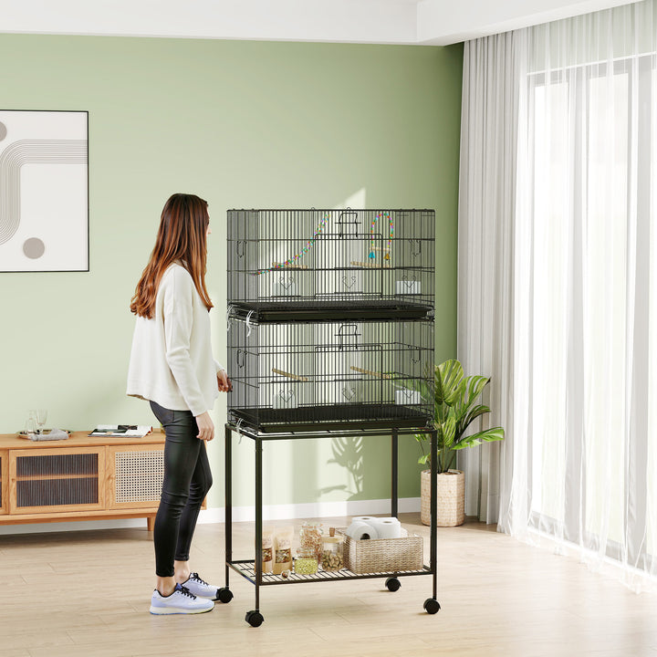 Two-Tier Bird Cage on Wheels, with Stand, for Small Birds