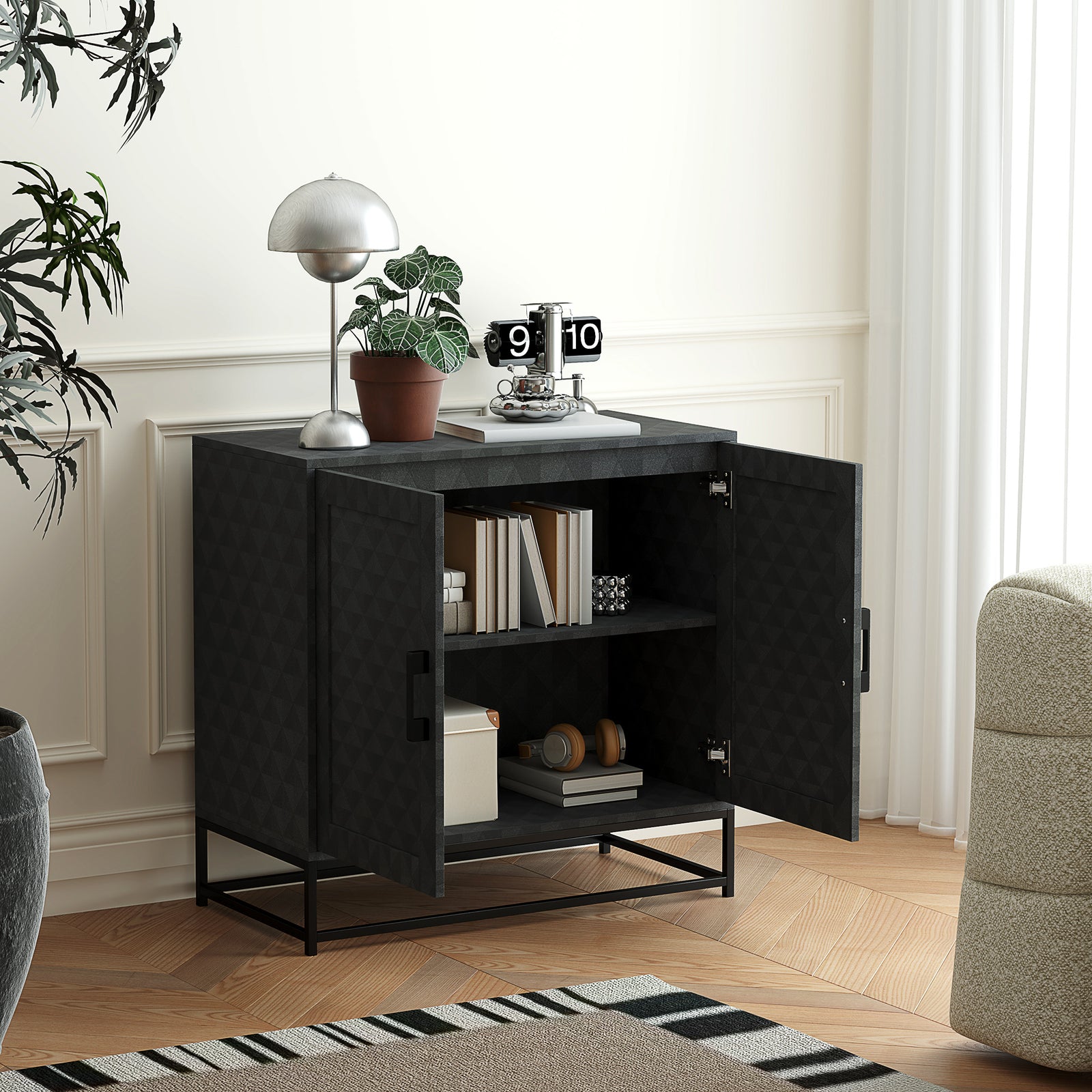 Modern Sideboard, Freestanding Sideboard Storage Cabinet with Adjustable Shelf and 2 Doors for Living Room, Black