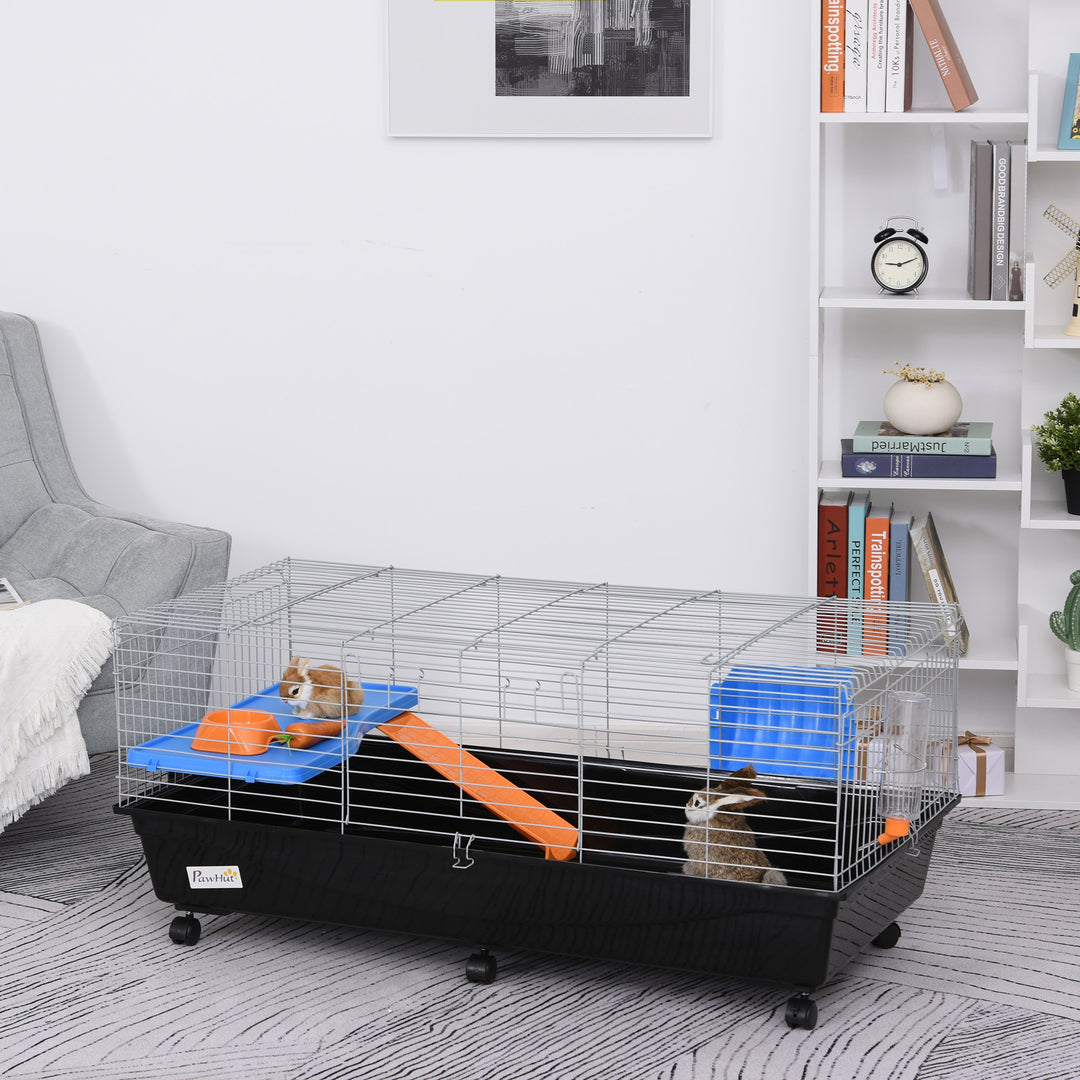 PawHut Steel Medium 2-Tier Small Guinea Pigs Hutches w/ Accessories Blue/Orange