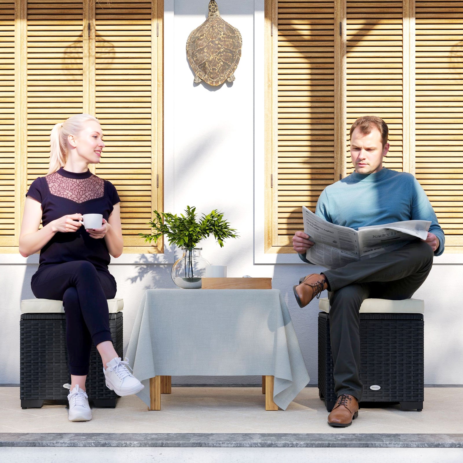 Set of 2 Rattan Storage Ottoman, Outdoor Footstool with Removable Cushions, Garden Storage Seat for Balcony, Porch, Living Room, Cream