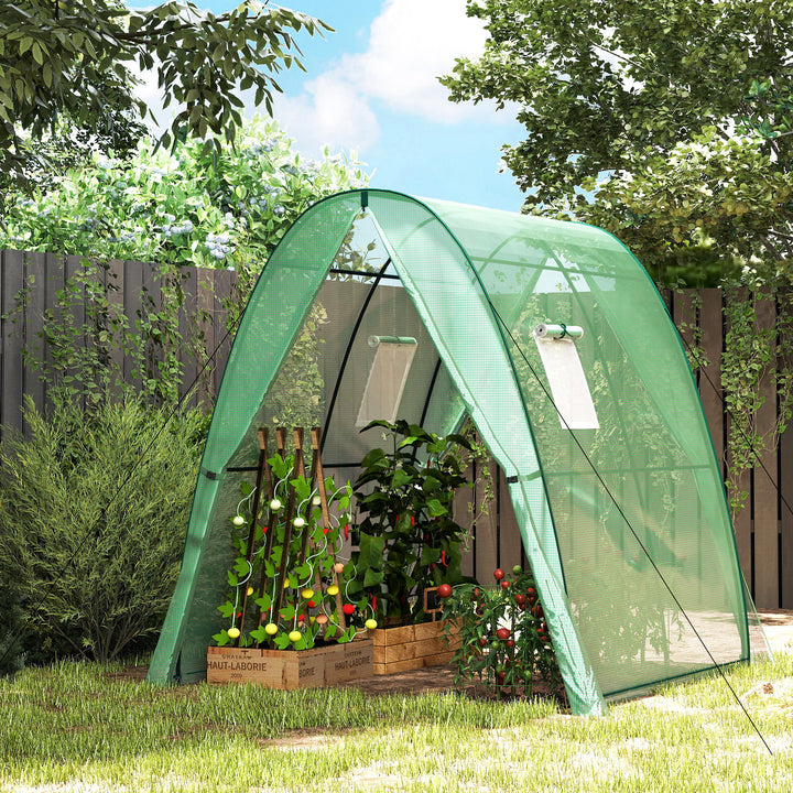 Polytunnel Greenhouse with Sandbags, Walk-In Tunnel Green House with 2 Doors and Screen Windows, 1.8 x 1.8 x 2m