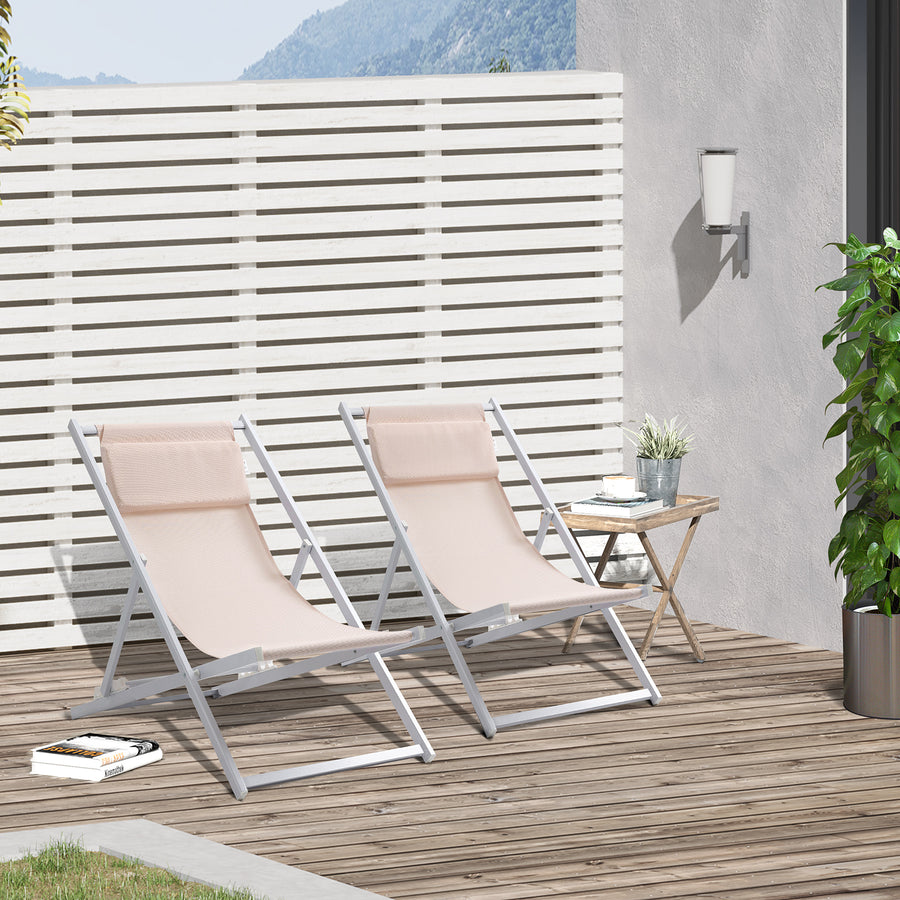 Set of 2 Folding Garden Beach Aluminium Frame Deck Chairs Deckchairs Seaside Folding Garden Patio Lounger, Beige