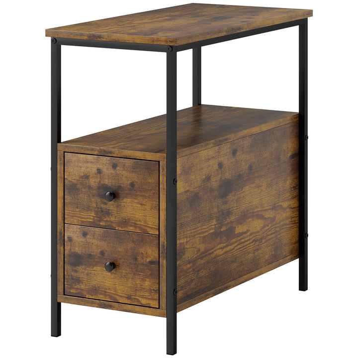 Side Table, Narrow Bedside Table with 2 Drawers and Storage Shelf, Industrial End Table with Metal Frame for Small Spaces, Rustic Brown