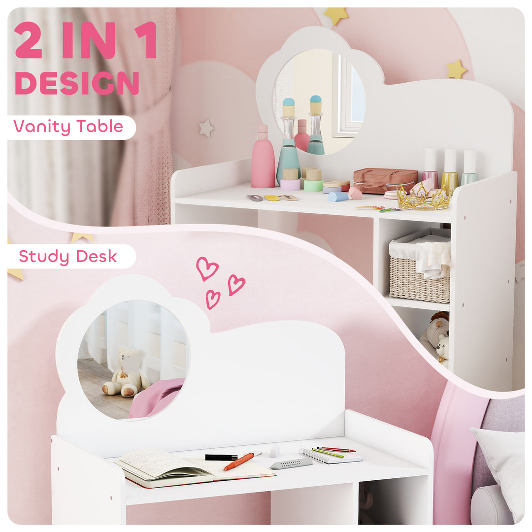 Kids Dressing Table with Mirror, Stool, Kids Vanity Table with Shelves, for Ages 3-8 Years