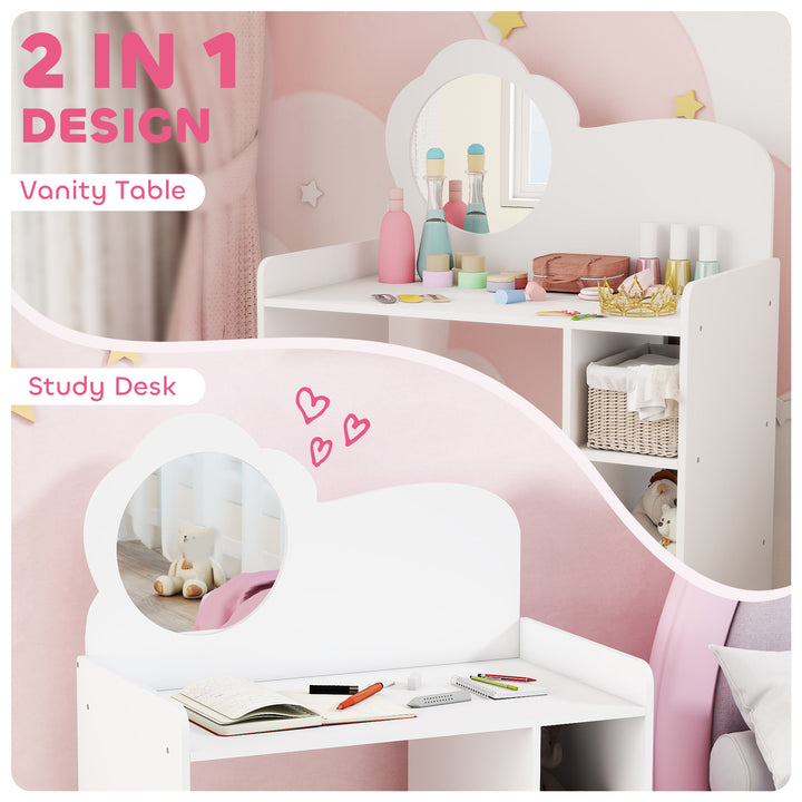 Kids Dressing Table with Mirror, Stool, Kids Vanity Table with Shelves, for Ages 3-8 Years