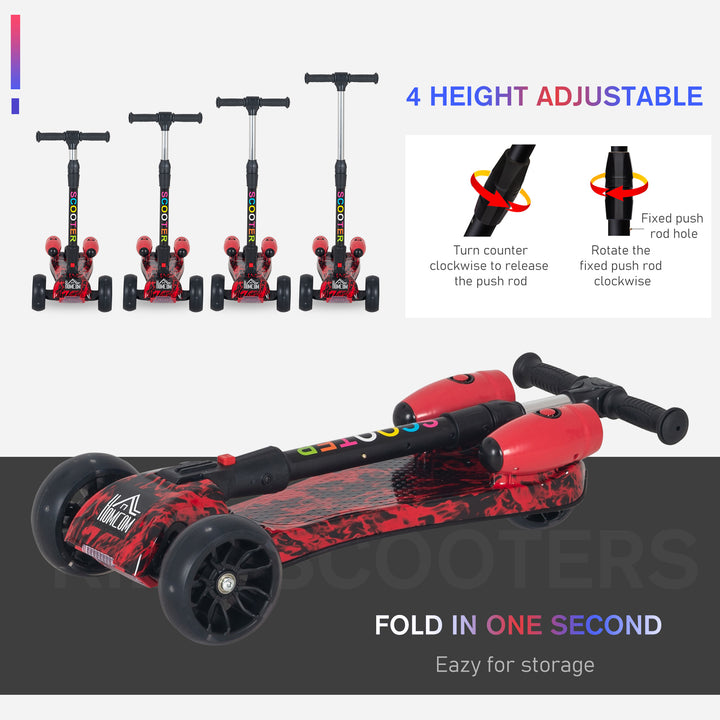 HOMCOM Kids 3 Wheel Kick Scooter Adjustable Height w/ Flashing Wheels Music Water Spray Foldable Design Cool On Off Road Vehicle Red