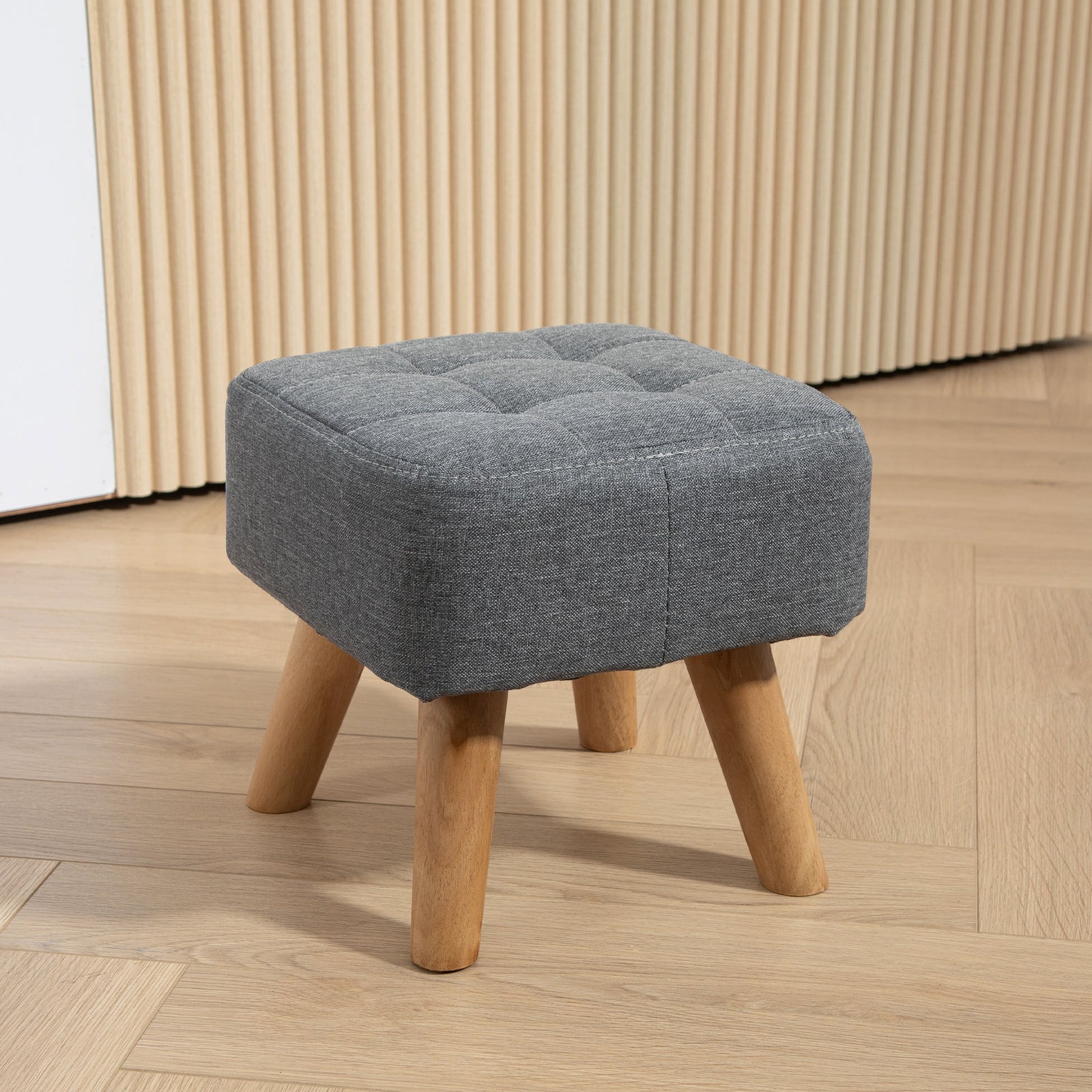 Linen-Look Square Padded Footstool - Grey