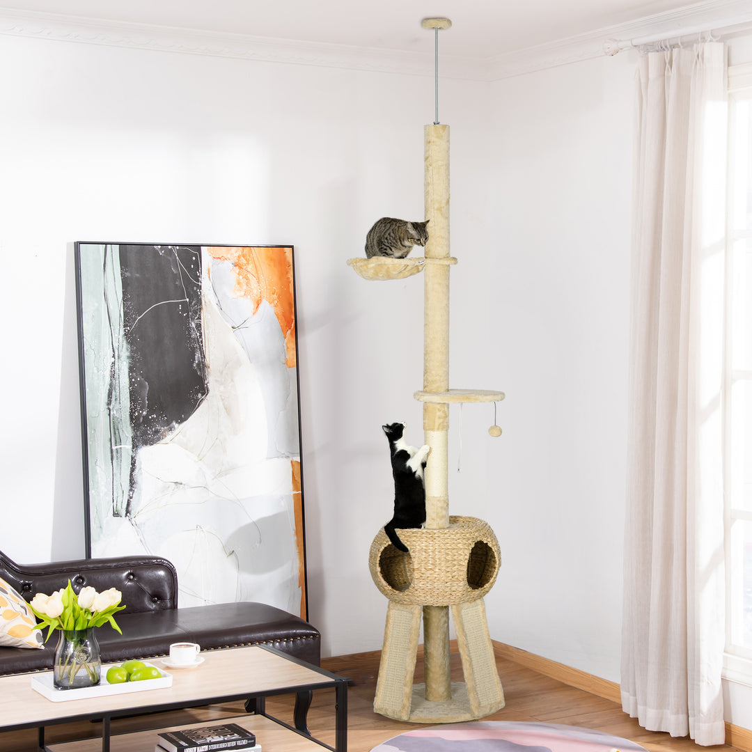 PawHut Feline Playground: Towering 255cm Cat Tree with Scratching Post, Cosy Hideaway & Perches, Beige