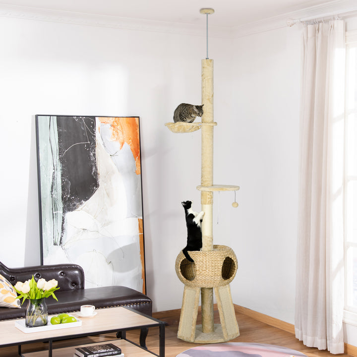 PawHut Feline Playground: Towering 255cm Cat Tree with Scratching Post, Cosy Hideaway & Perches, Beige