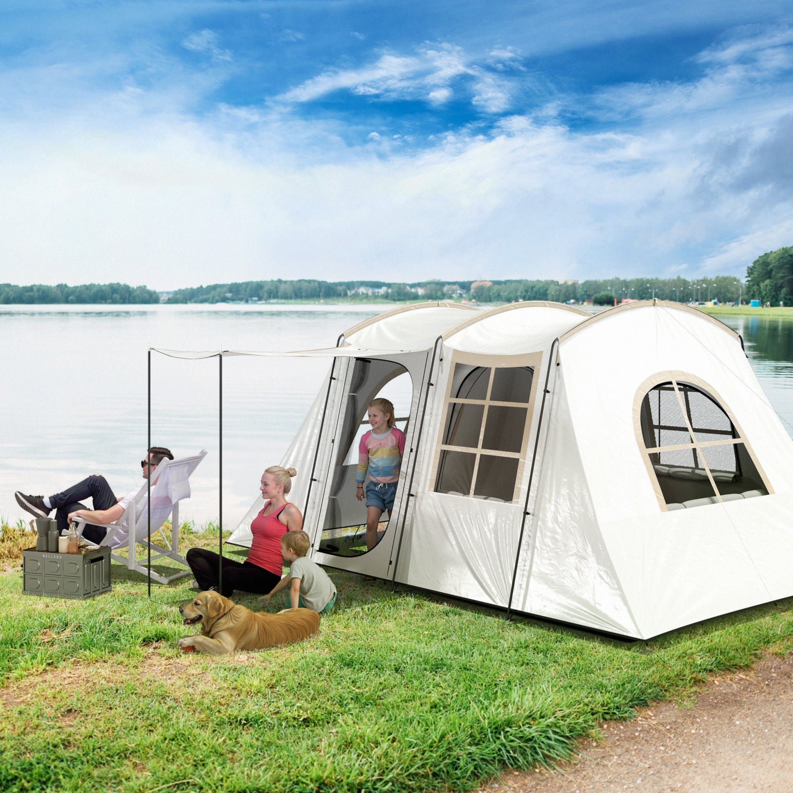 4 Man Tunnel Tent, Family Camping Tent with Porch, Bedroom and Living Area, Sewn in Groundsheet, 3000mm Waterproof, Portable with Bag for Hiking, Festival, Backpacking, Khaki