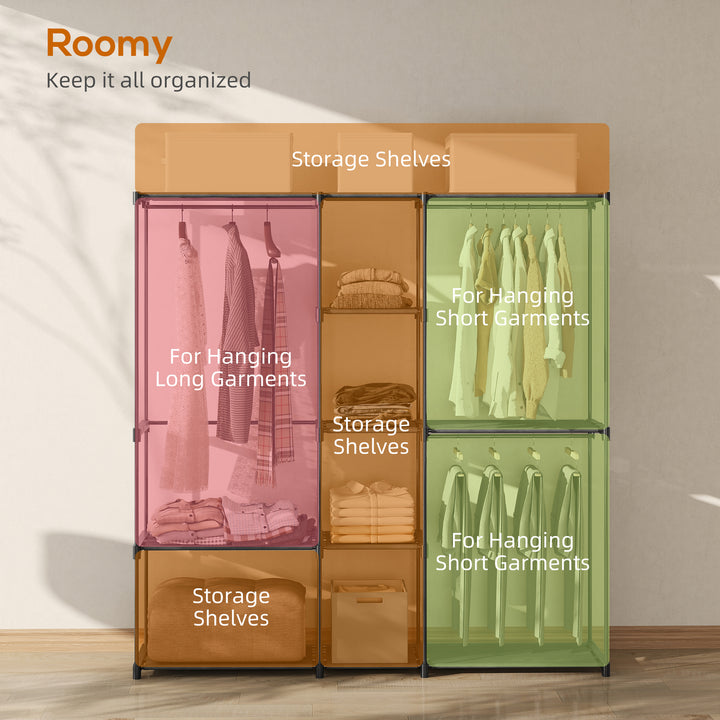 Portable Wardrobe, Open Clothes Wardrobe with 8 Shelves, 3 Hanging Rai