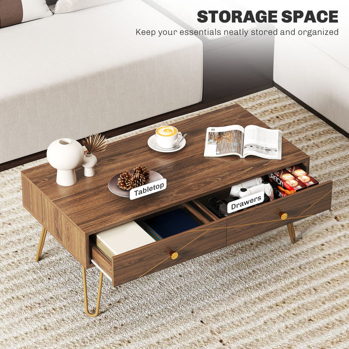 Coffee Table with Storage, Living Room Table with Drawers, Rectangular Tea Table with Steel Base for Home, 100 x 50 x 41 cm, Brown