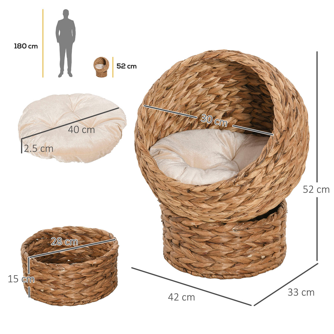 PawHut Wicker Cat Bed, Raised Rattan Cat Basket with Cylindrical Base, Soft Washable Cushion, Brown, 42 x 33 x 52 cm | Aosom UK