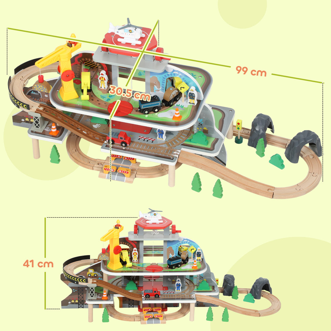 MCL 79 Piece Wooden Train Set, Kids Train Track Mine Themed with Crane, Helicopter