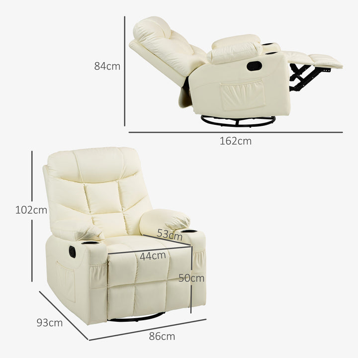 HOMCOM Manual Reclining Chair, Recliner Armchair with Swivel, Faux Leather, Footrest, Cup Holders, 86x93x102cm, Cream | Aosom UK