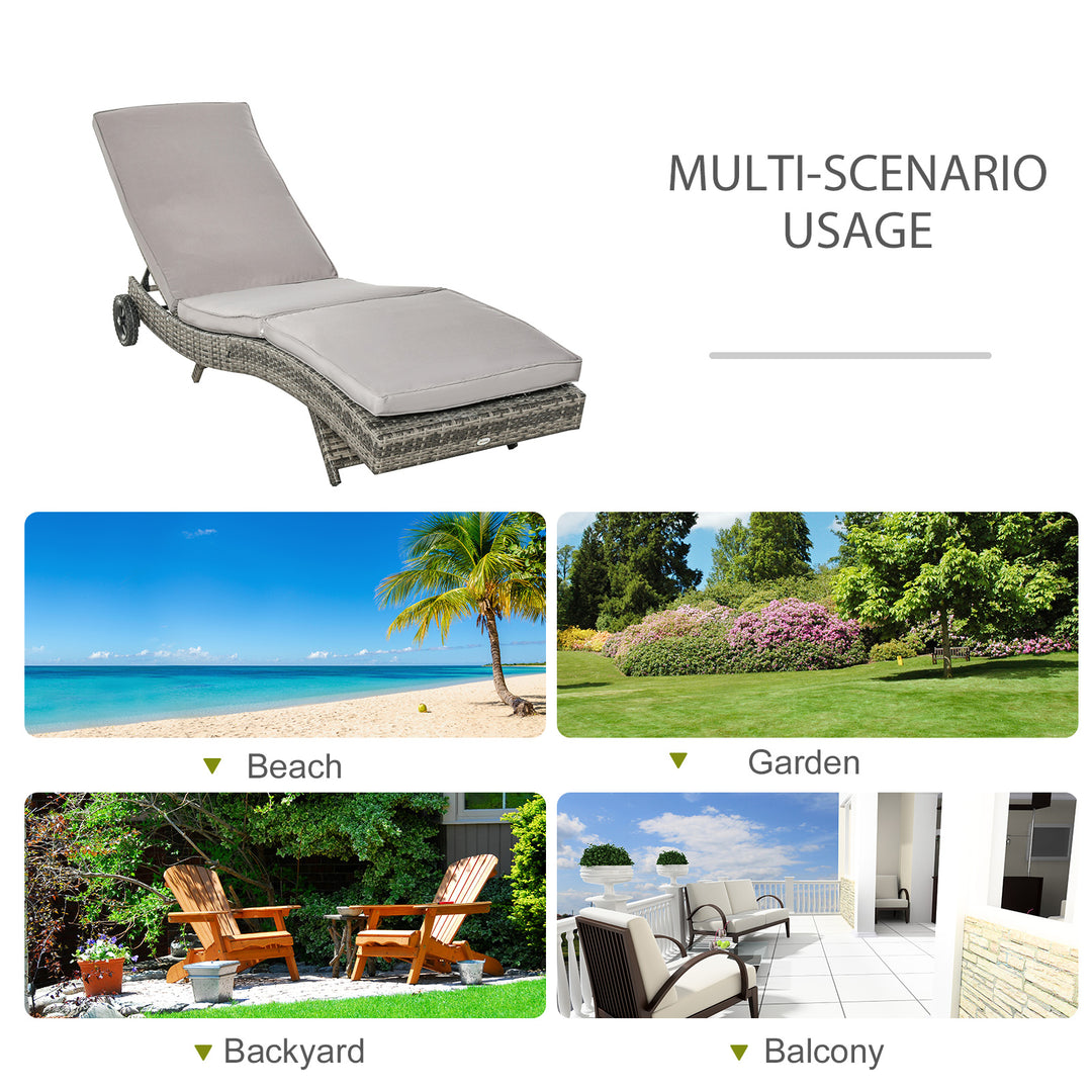 Patio Wicker Chaise Lounge Chair, Outdoor PE Rattan Sun Lounger with Adjustable Backrest and 2 Wheels, Grey