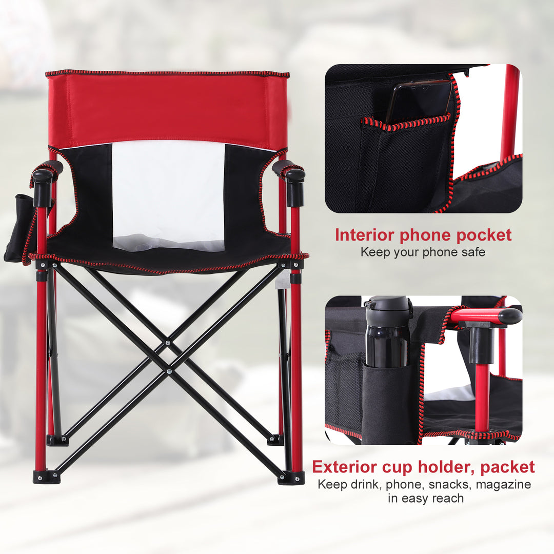 Folding Fishing Camping Chair Portable Picnic Armchair Director Seat Oxford Metal Frame with Cup Holder, Phone Pocket - Red