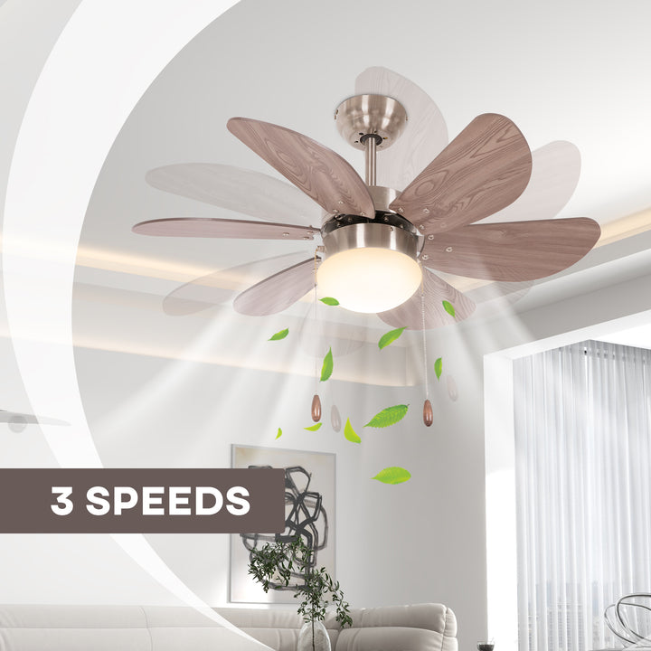 HOMCOM Ceiling Fan Lights with 6 Reversible Blades, Pull-chain Switch, Flush Mount Ceiling Fan with LED Light, Walnut Brown | Aosom UK