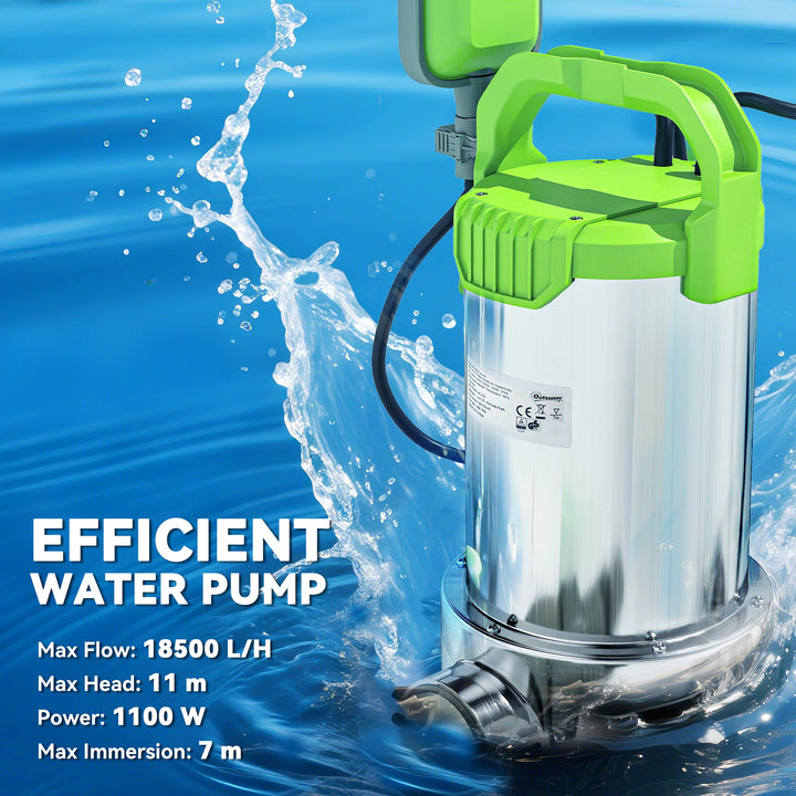 1100W Submersible Water Pump for Dirty/Clean Water, 18500L/H Electric Sump Pump with Float Switch, Drain Water from Garden Pond, Hot Tub, Ditches, Portable and Lightweight, Green