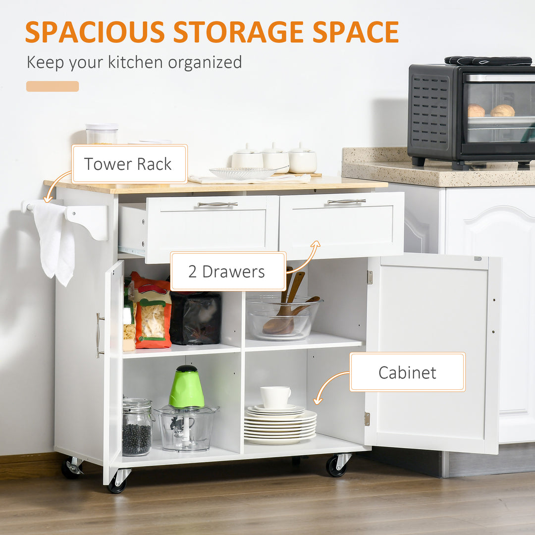 Kitchen Island Utility Cart, with 2 Storage Drawers & Cabinets for Dining Room, White