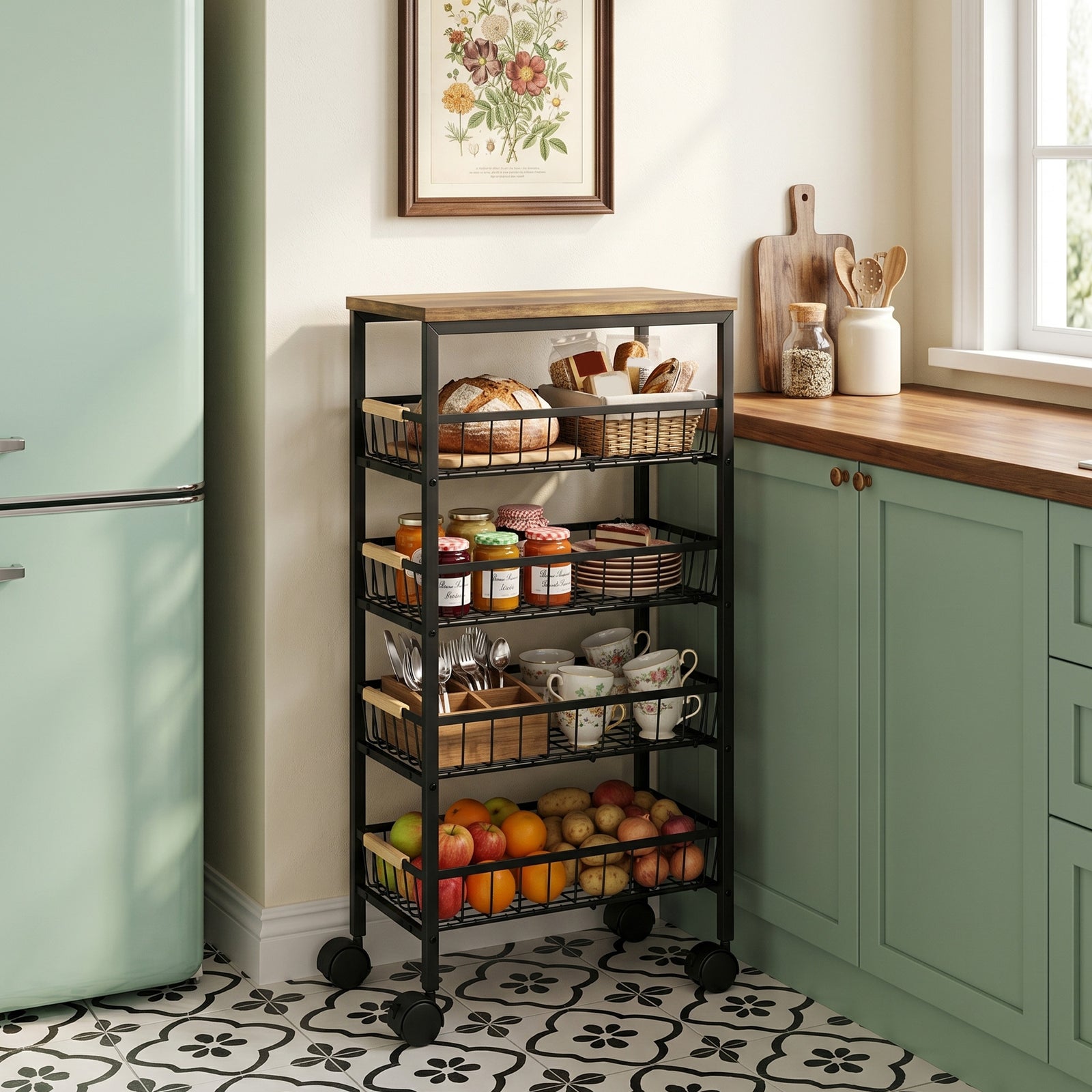 Metal Kitchen Trolley, 4-Tier Storage Trolley with Pull-Out Baskets an