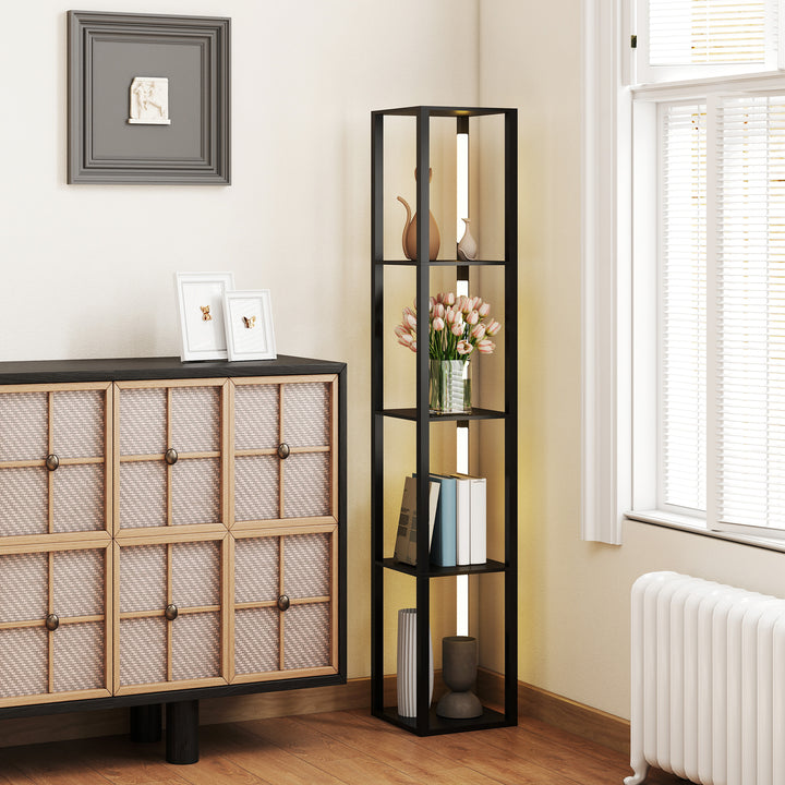 LED Floor Lamp with Shelves, 4 Layers Dimmable Modern Standing Lamp with 3 Brightness Levels and Foot Switch for Living Room, Bedroom, Office, Black