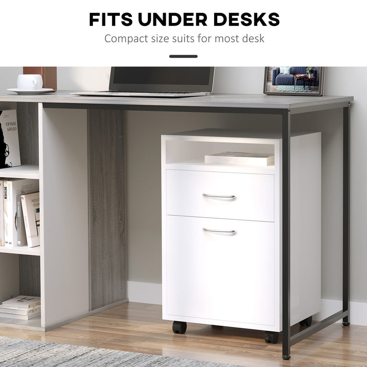 60cm Filing Cabinet with Drawer, Open Shelf, Metal Handles and 4 Wheels, Office Home Organiser Mobile Printer, White