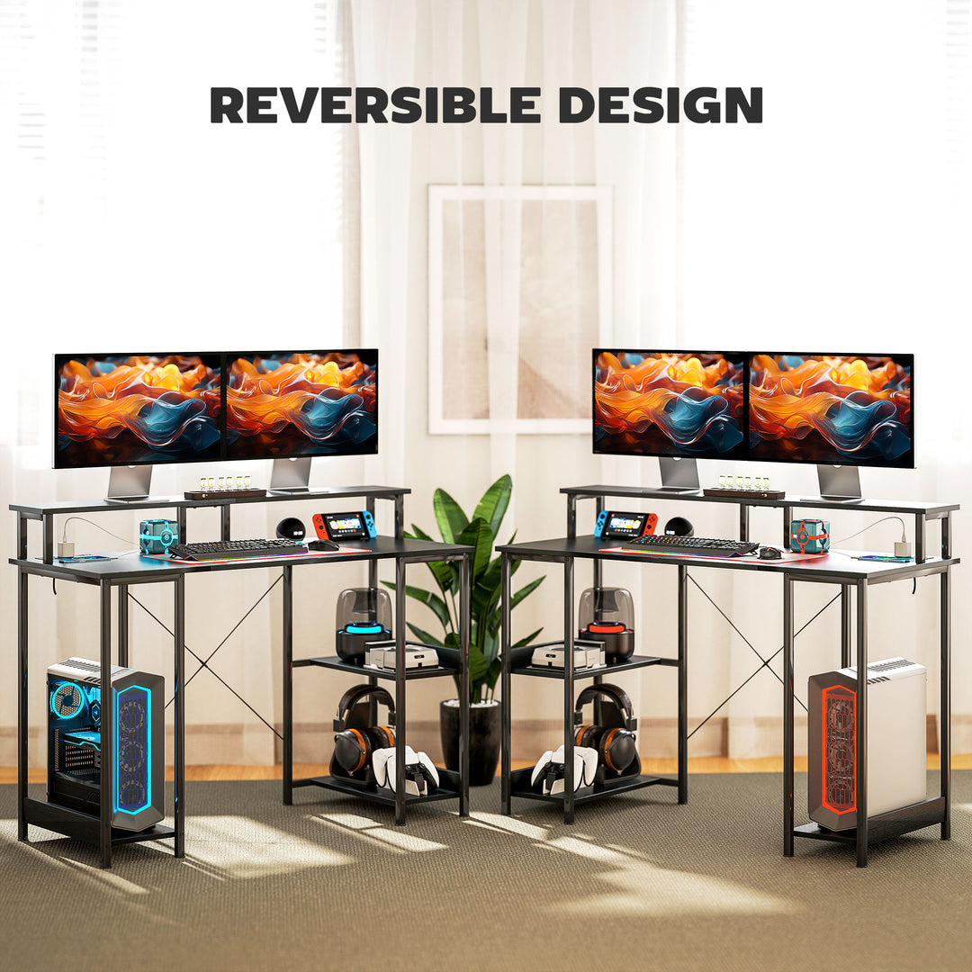 LED Computer Desk, with Power Outlets and Shelves - Black
