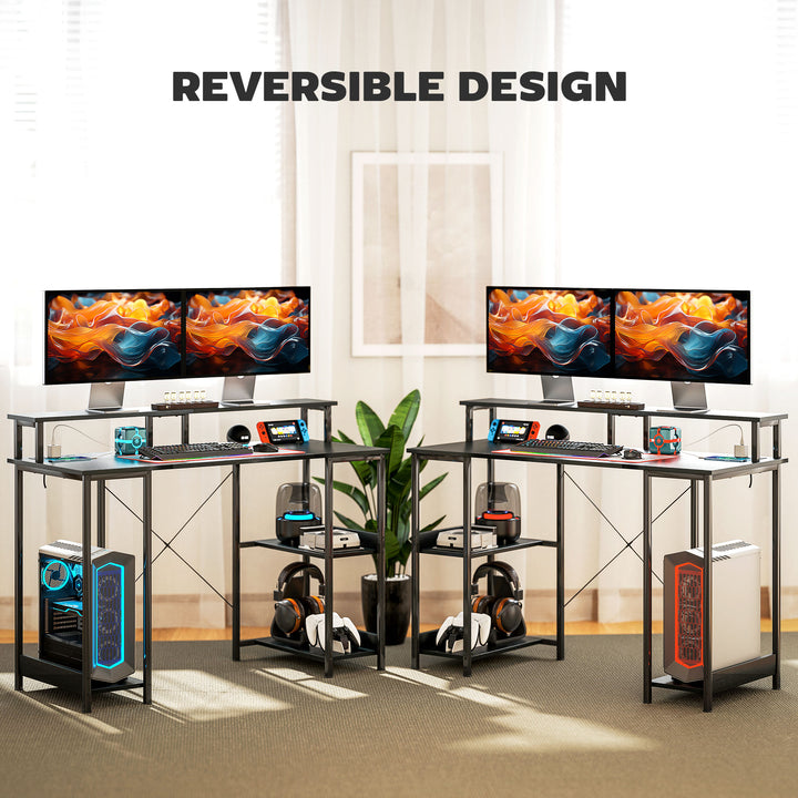 LED Computer Desk, with Power Outlets and Shelves - Black