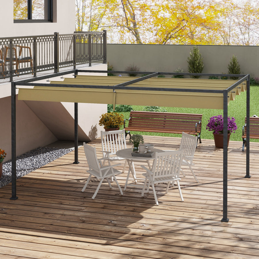 4 x 3(m) Metal Pergola with Retractable Roof, Garden Gazebo Canopy Shelter for Outdoor, Patio, Khaki