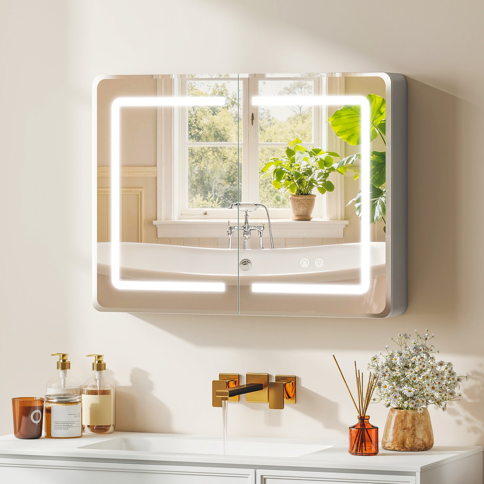 Mirrored Bathroom Cabinet with LED Lights, 60 x 80 cm Bathroom Mirror 
