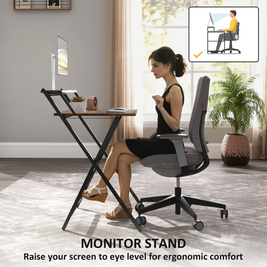 70 cm Folding Computer Desk with Monitor Shelf - Rustic Brown