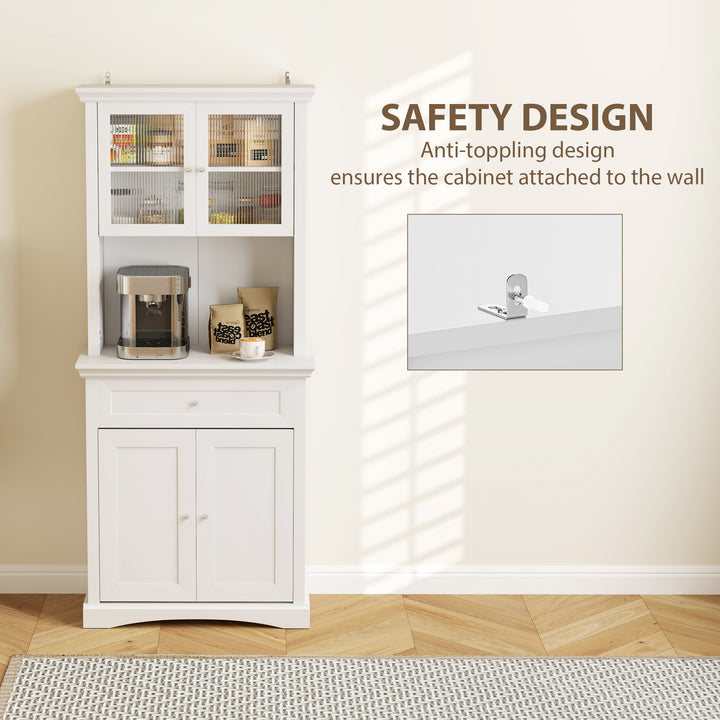 4-Door Kitchen Cupboard with Drawer, Freestanding Kitchen Cabinet with Glass Doors, Adjustable Shelves and Open Counter, White
