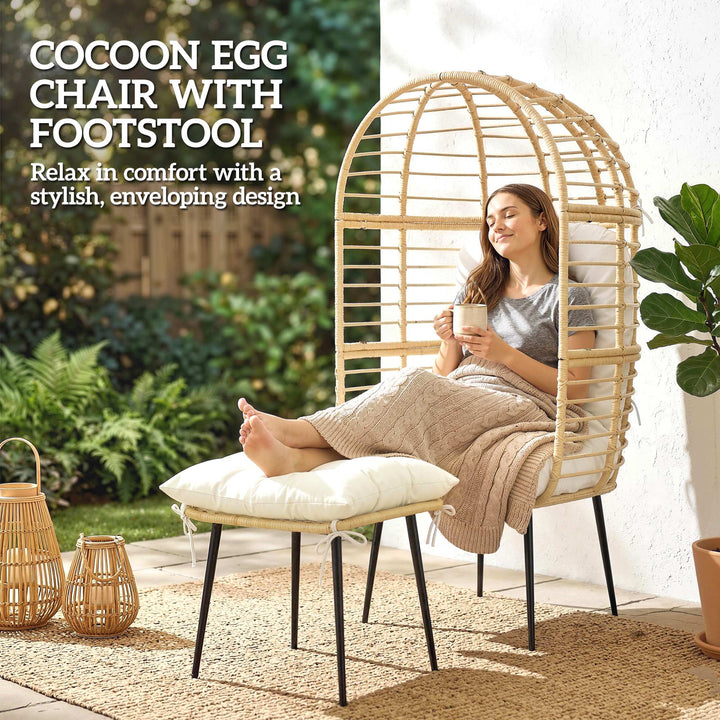 Garden Egg Chair with Footstool, Rattan Indoor Outdoor Lounge Chair an