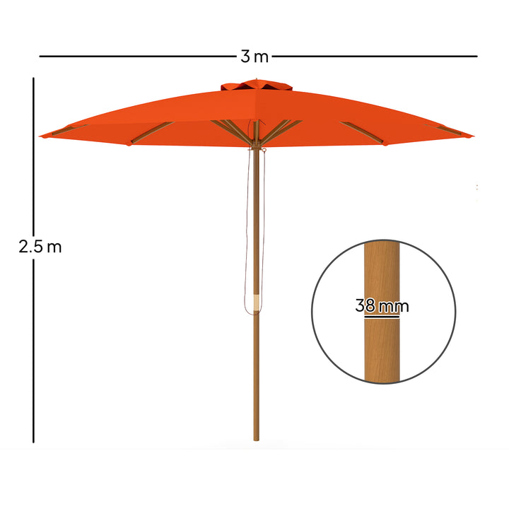 3m Wood Pole Parasol Umbrella - Orange