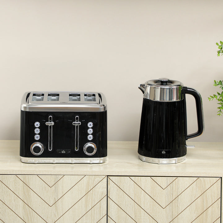 Electric Kettle and Toaster Set, 3000W 1.7L UK Strix Thermostat Rapid Boil Jug Kettle with Limescale Filter, Cool Touch Body, 4 Slice Toaster with 7 Browning Controls, Crumb Tray, Black