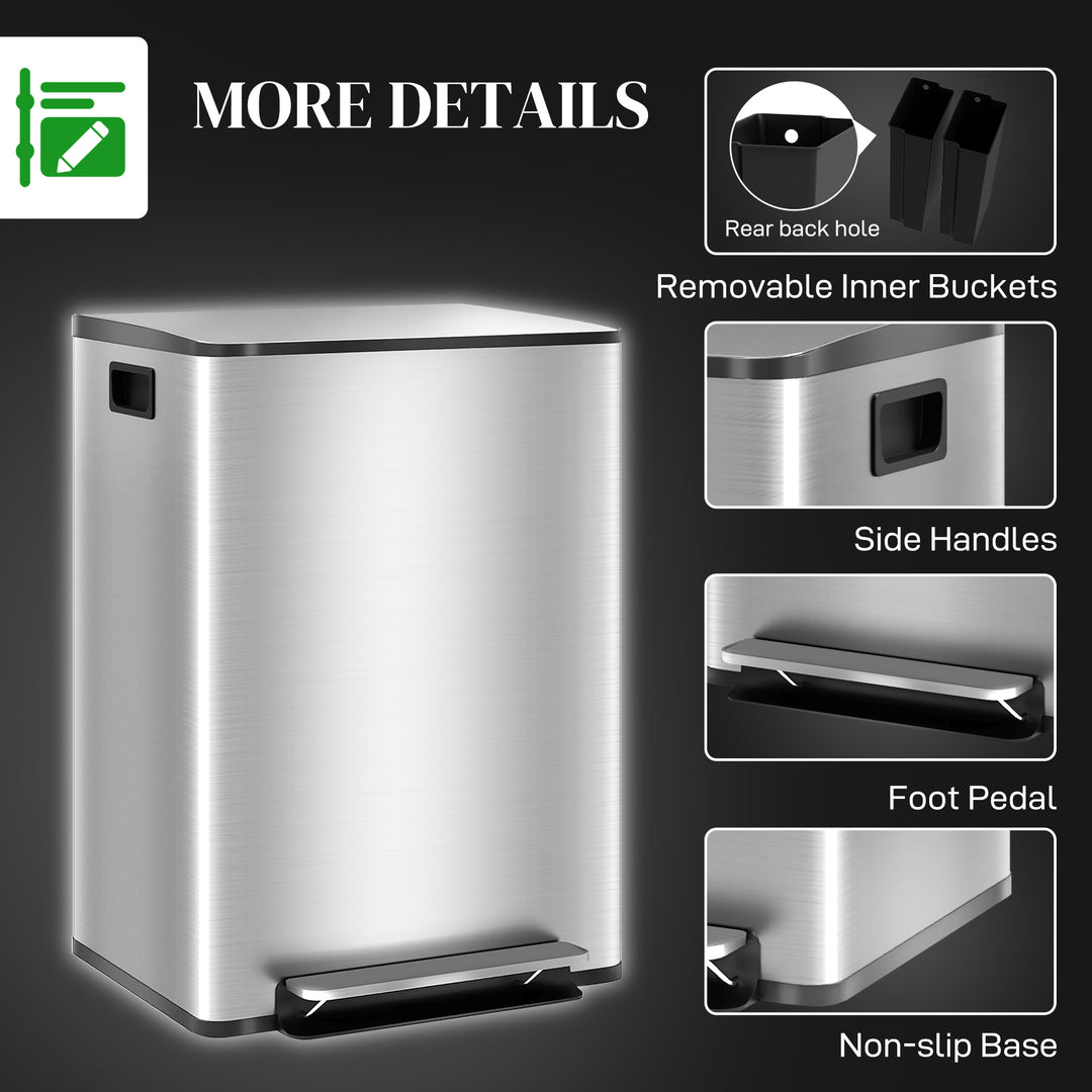 60L Dual Compartment Stainless Steel Bin, with Deodoriser Holders - Silver Tone