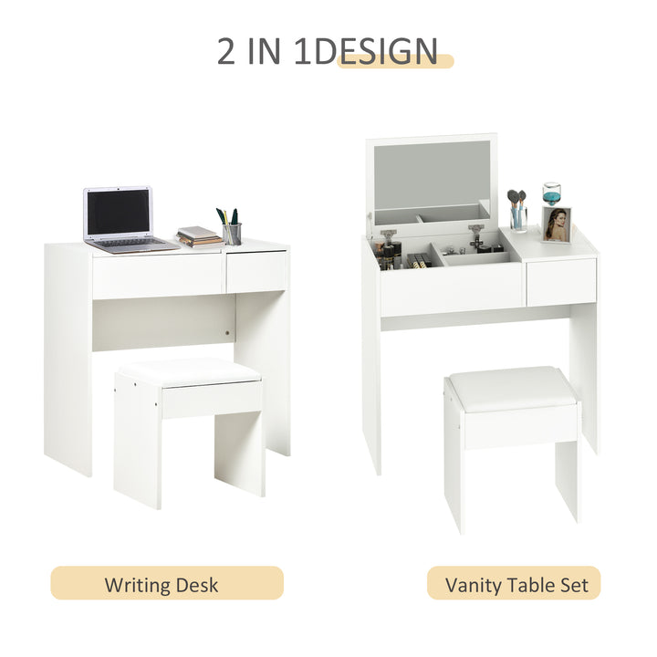 MCL Makeup Desk with Drawer, Vanity Table Set with Flip-up Mirror and Cushioned Stool, White