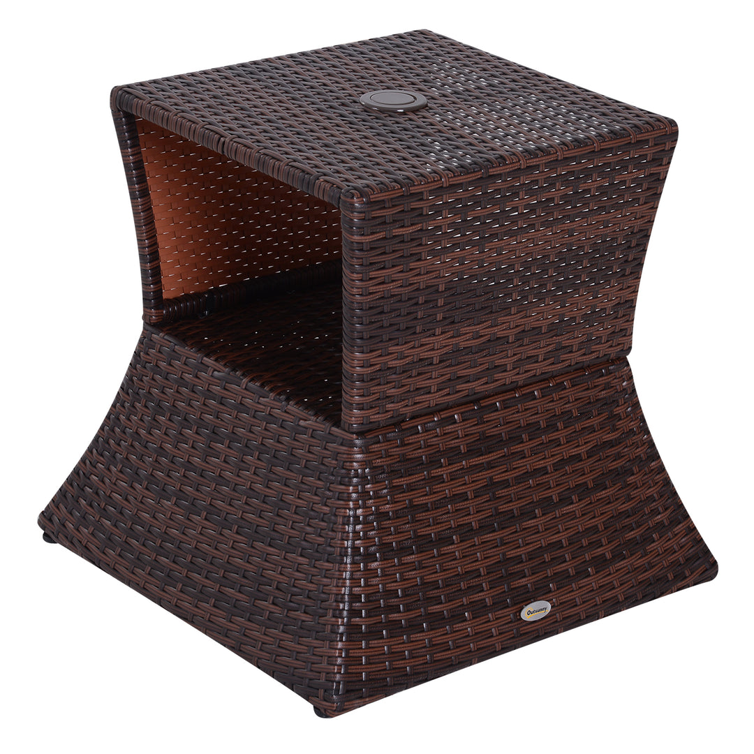 Rattan Outdoor Coffee Table, Wicker Garden Patio Bistro Side Table with Umbrella Hole and Storage Space for Balcony, Porch, Brown