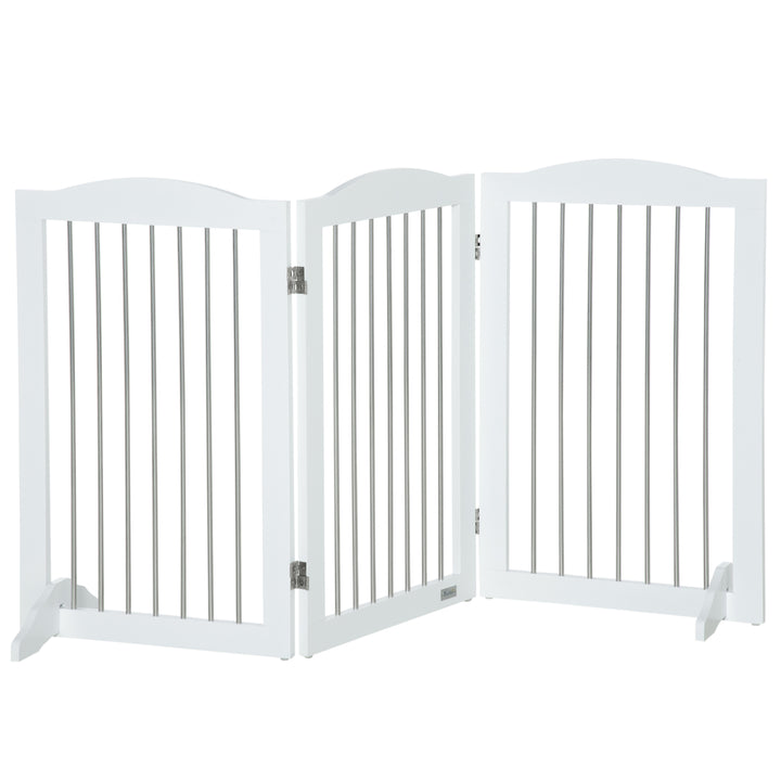 PawHut Foldable Dog Gate, Wooden Freestanding Pet Gate with 2 Support Feet, Dog Barrier for Doorways, Stairs, Halls - White | Aosom UK