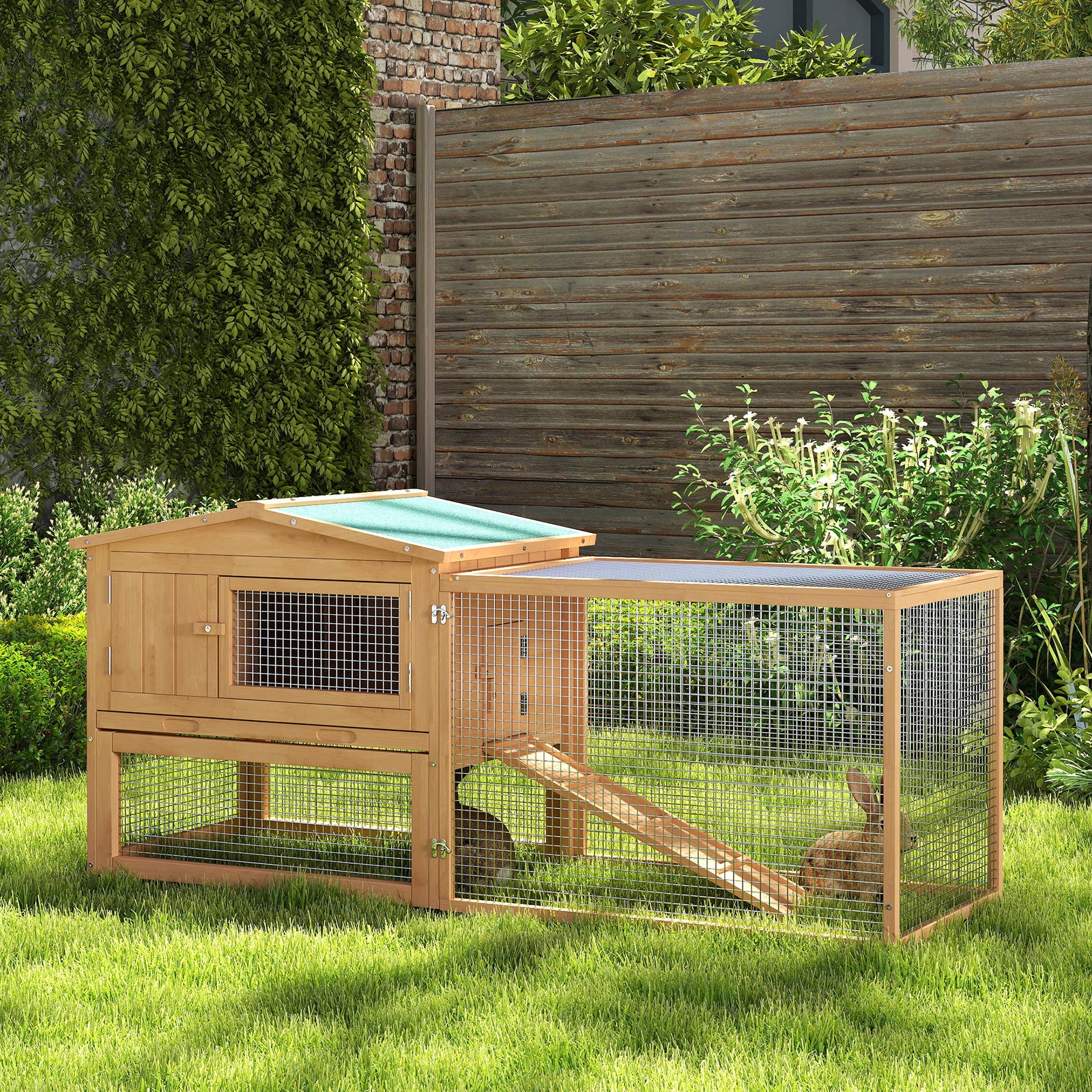 Wooden Rabbit Hutch Guinea Pig hutch House 2 Tier with Rabbit Run for Outdoor Garden Backyard, 85 x 24 x 57cm