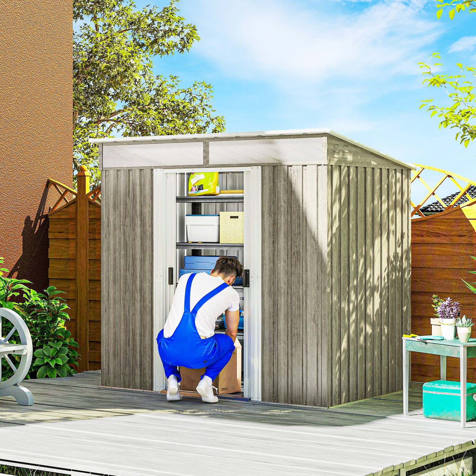 6.5 x 4FT Galvanised Metal Shed with Foundation Kit, Lockable Tool Garden Shed with Double Sliding Doors, Vents, Light Grey Wood Effect