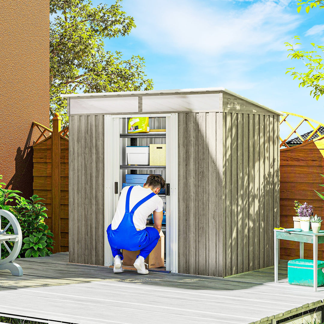 6.5 x 4FT Galvanised Metal Shed with Foundation Kit, Lockable Tool Garden Shed with Double Sliding Doors, Vents, Light Grey Wood Effect