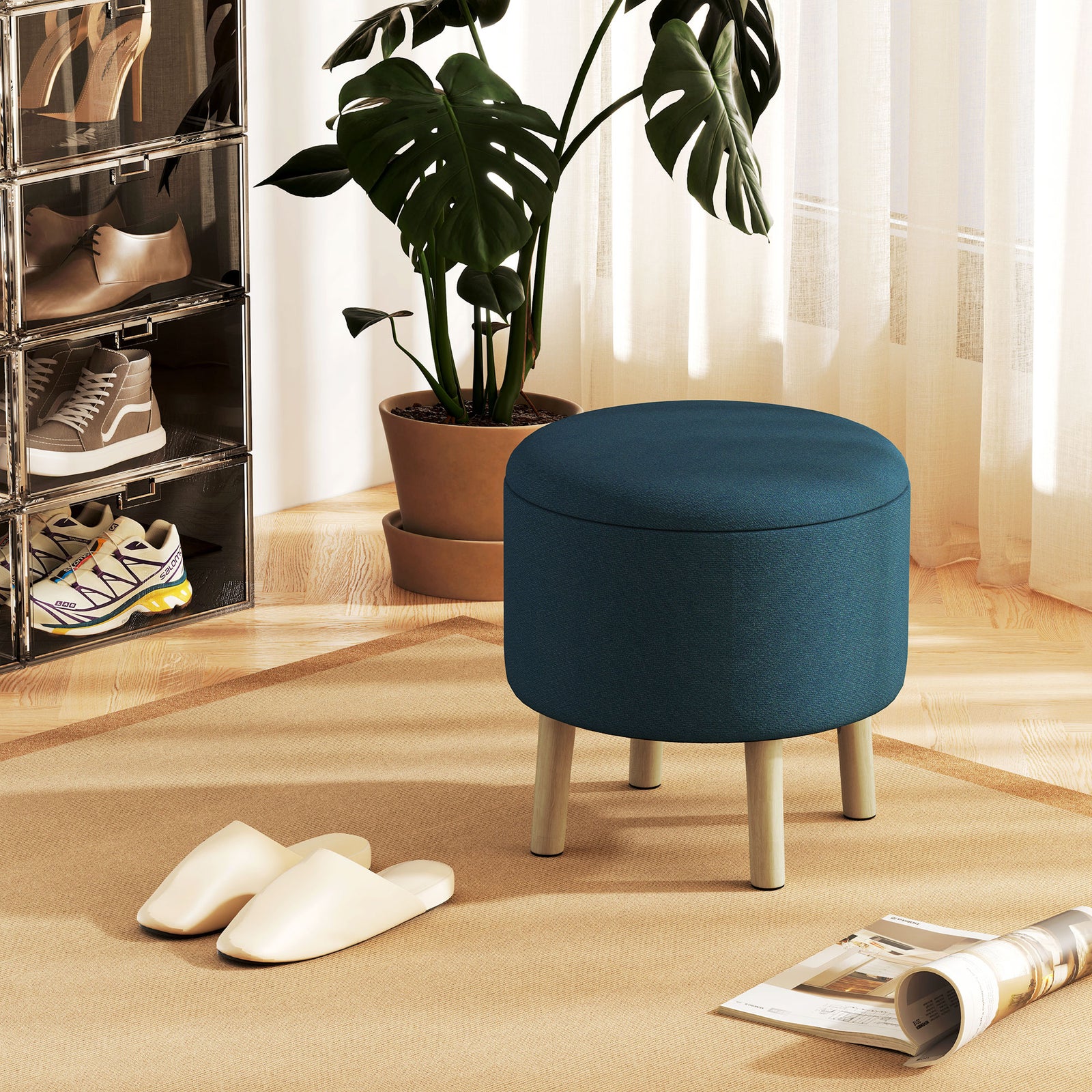 Round Linen-Look Storage Ottoman - Blue