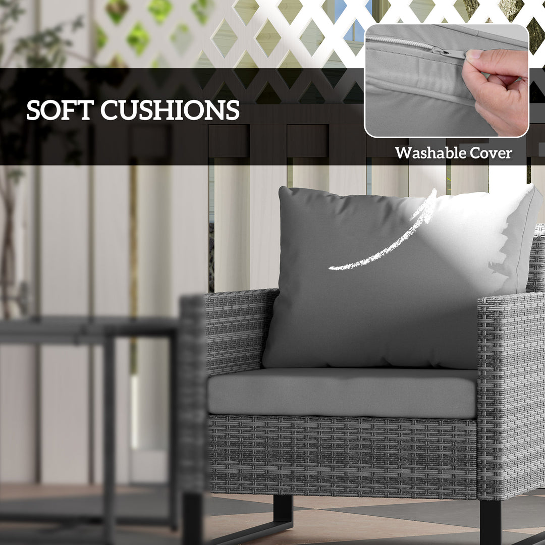 3 Pieces Rattan Bistro Set with 4 Cushions, Wicker Garden Furniture Set, Glass Top Coffee Table and Chairs for Outdoor Patio, Balcony, Terrace and Conservatory, Grey