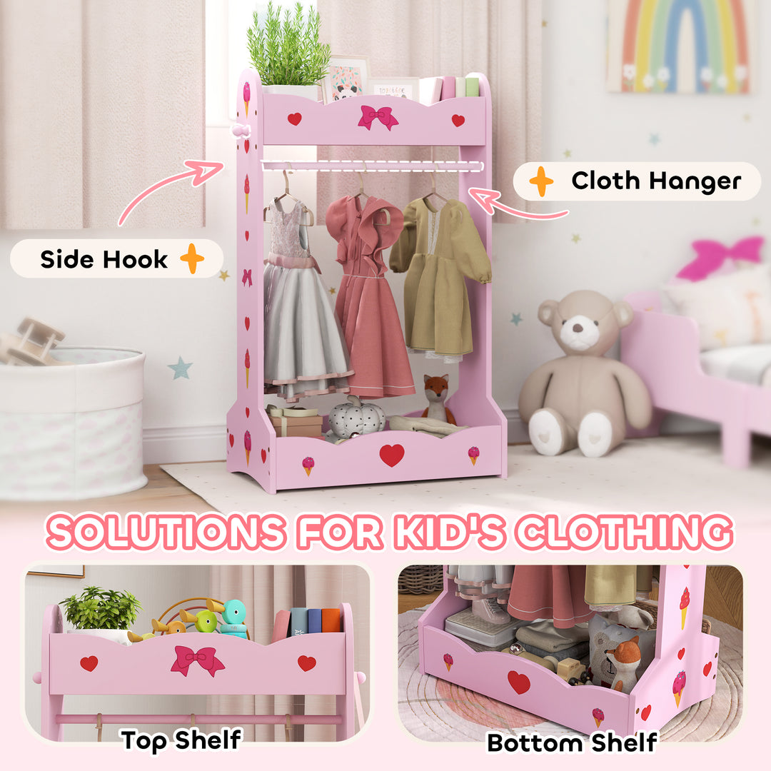 AIYAPLAY Kids Clothes Rail, Kids Dressing Mirror with 360° Rotating, 2 Piece Kids Furniture Set with Storage Shelves, Pink