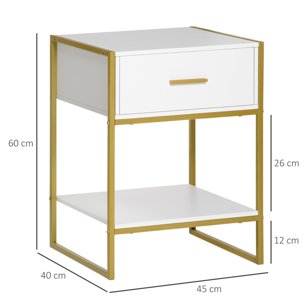 Modern Bedside Table, Nightstand with Drawer Shelf, Side Table for Living room, Bedroom White and Gold, Set of 2