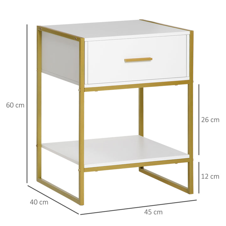 Modern Bedside Table, Nightstand with Drawer Shelf, Side Table for Living room, Bedroom White and Gold, Set of 2